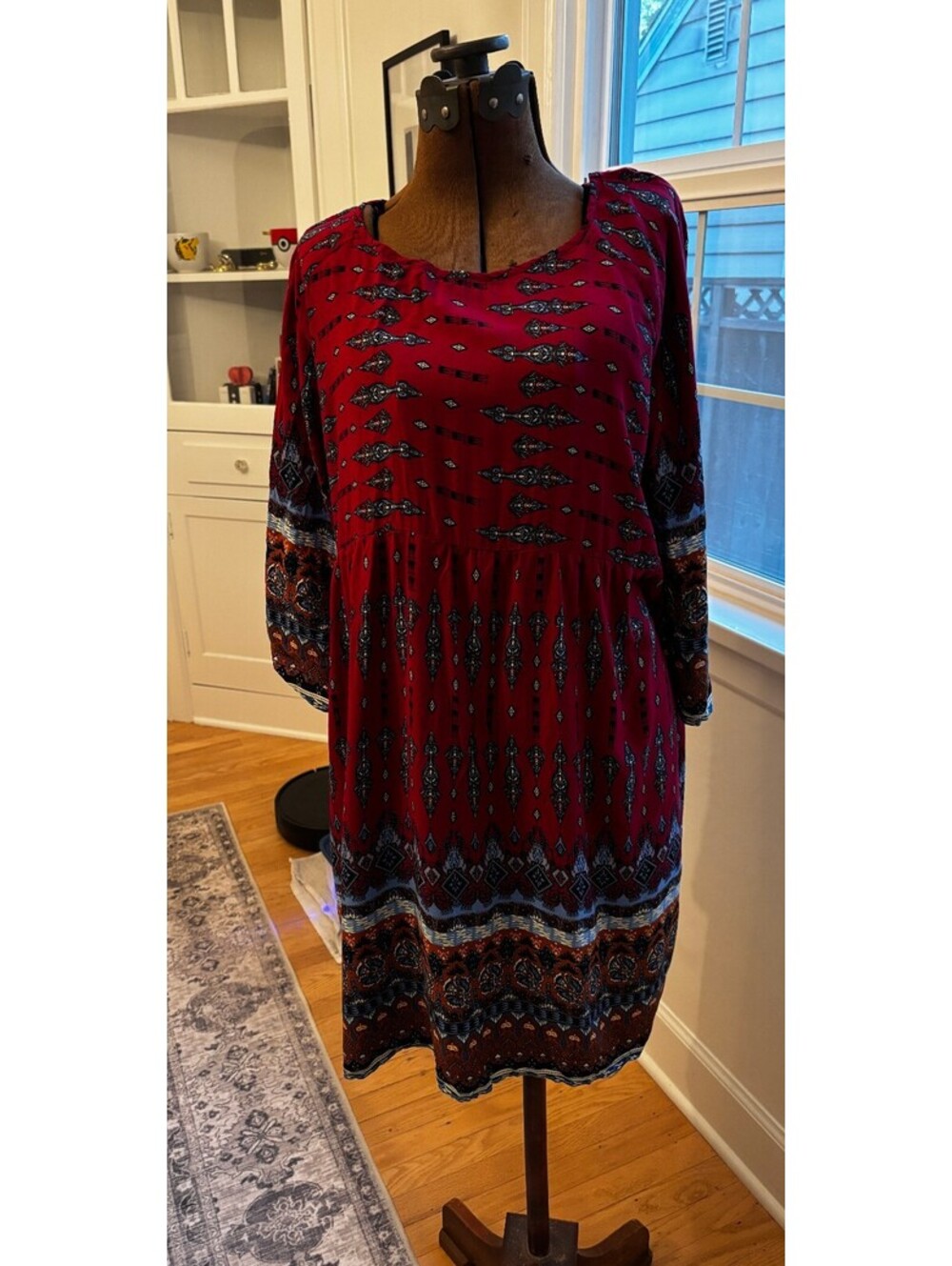 Joe Benbasset Red Boho Border Print Babydoll Dress Women’s XL (2038)